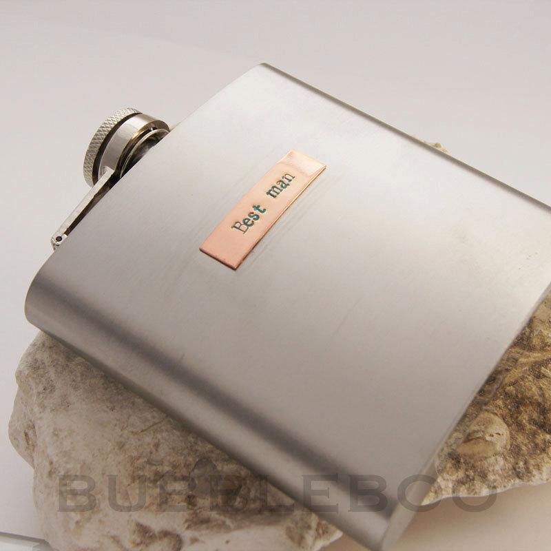 Hochzeit - Personalised Hip Flask with hand-stamped message of your choice. Copper plaque on stainless steel 6oz flask. Wedding gift, Birthday present.