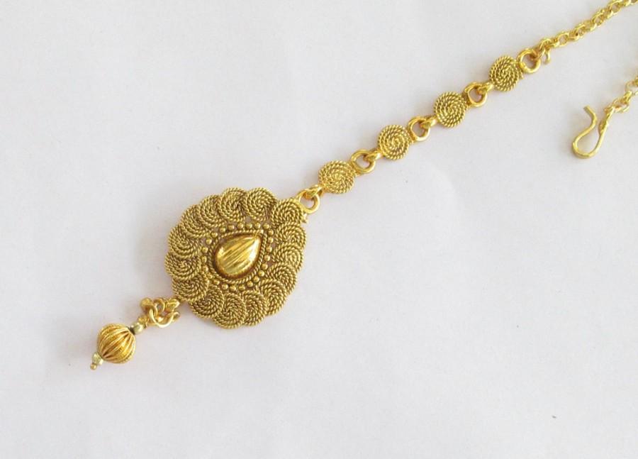 زفاف - Gold Polish Tikka/ Maang Tikka Tika Headpiece Jewelry/ South Indian Jewelry/ Temple Jewelry Tikka/Forehead tikka/Polki Decorative Headpieces