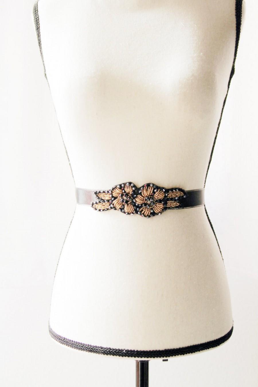 Mariage - Bridal Black Beaded Sash Belt - Wedding Dress Sashes Belts Satin Ribbon Belt Art Deco Black Gold