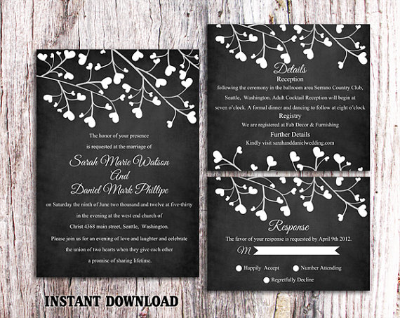 Свадьба - DIY Wedding Invitation Template Set Editable Word File Download Printable Chalkboard Wedding Invitation Black & White Heart Invitation