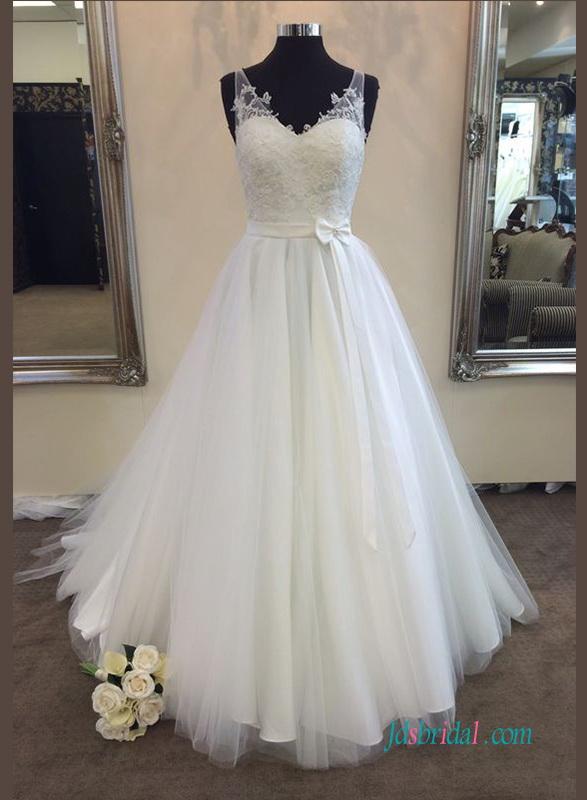 زفاف - Simple v neck a line tulle wedding bridal dress