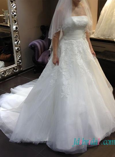 زفاف - Strapless white tulle with lace wedding bridal gown