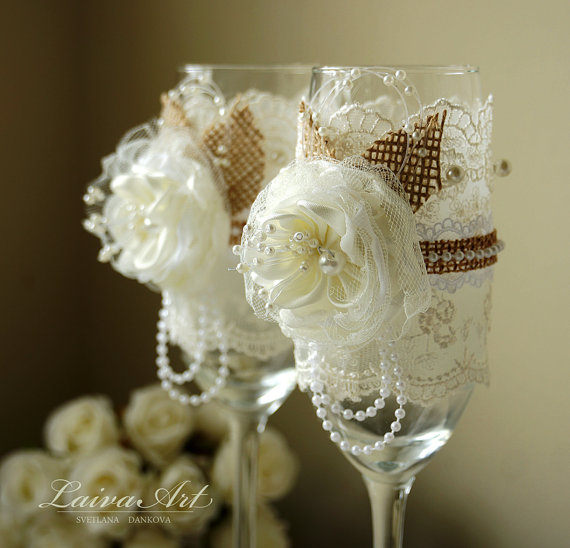 Rustic Wedding Champagne Flutes Toasting Glasses Bride And Groom