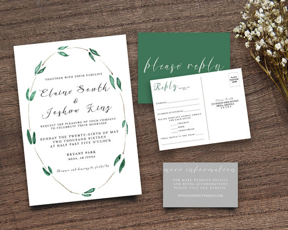 Hochzeit - Green Leaves Invite, Green Leaf Invite Leafy Invitation Wreath Wedding Invite, Wedding Invitation, Calligraphy Invite, DIY Invitation Suite