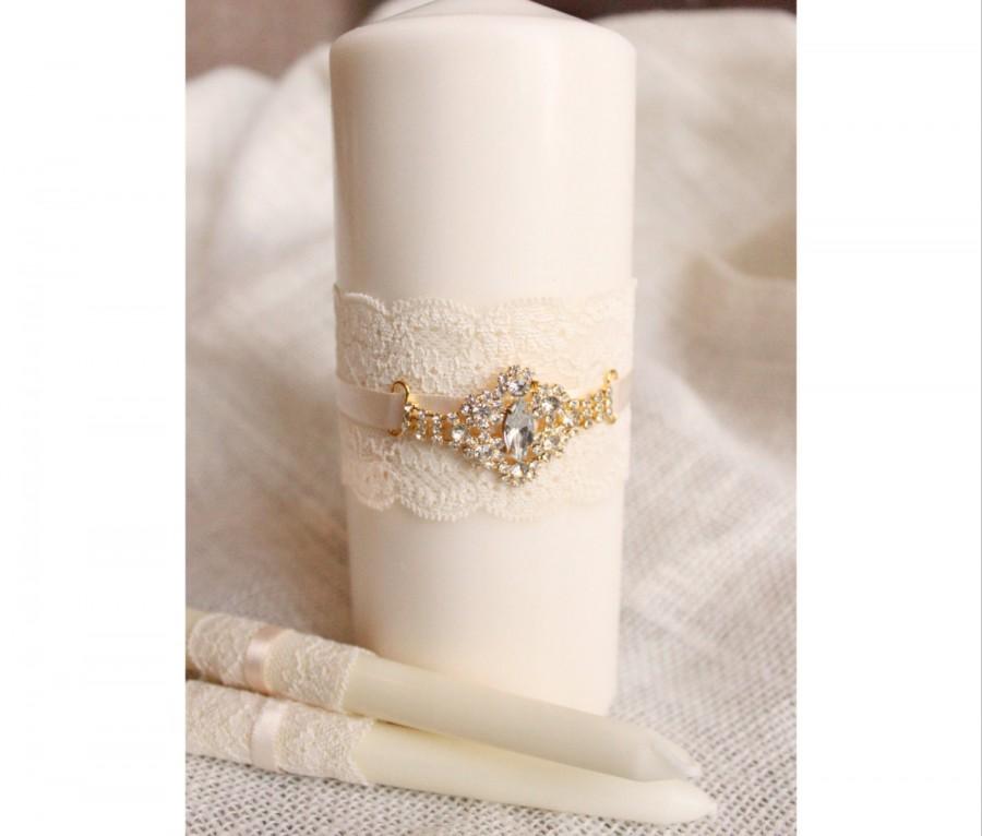 Mariage - Gold Wedding Unity Candles white OR ivory - White Unity Candle W/ Gold Rhinestone unity candle set with lace and bling, candles for wedding