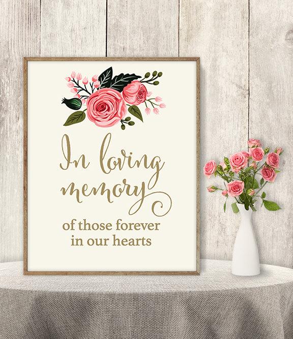 زفاف - In Loving Memory Sign / Wedding Memorial Table Sign DIY / Watercolor Flower Poster Printable / Gold Calligraphy, Rose ▷Instant Download