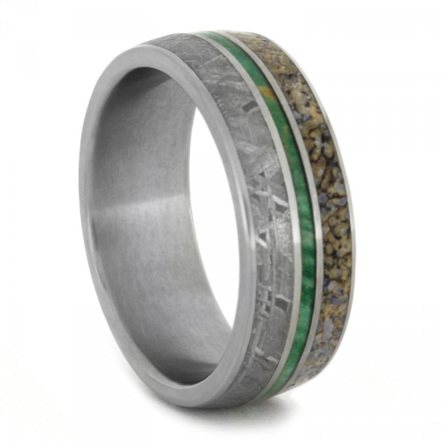 Wedding - Meteorite Ring with Green Box Elder Burl, Dinosaur Bone Wedding Band, Wood Inlay Ring