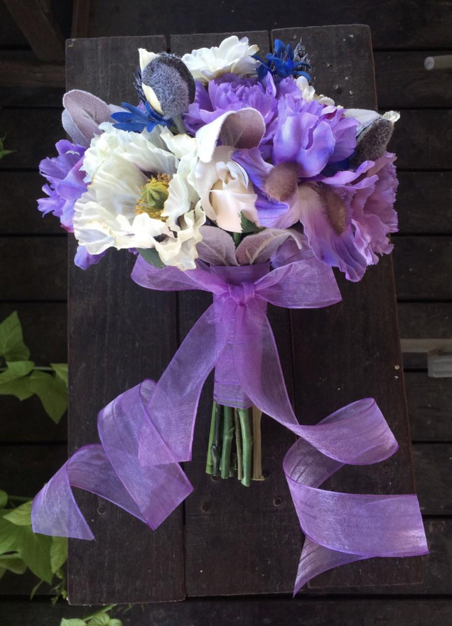 زفاف - Quick Ship - Lavender Carnation, Iris, and Soft Lamb's Ear with Cream Poppies Bridal Bouquet
