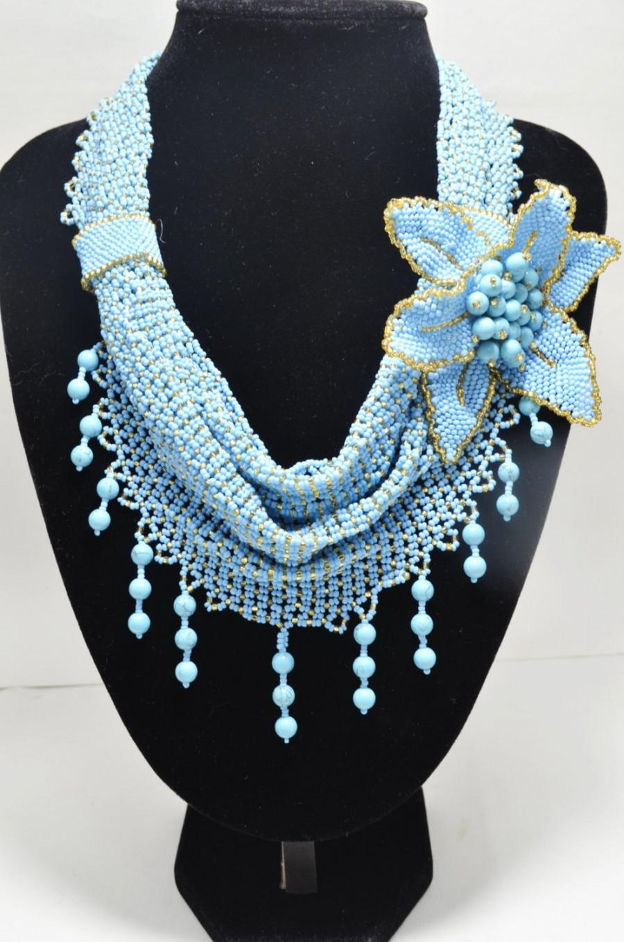 Wedding - Turquoise Statement Beaded Scarf Necklace with Flower Brooch, Beading Holiday Necklace, Fashion Seed Bead Jewelry, Christmas Gift for Her