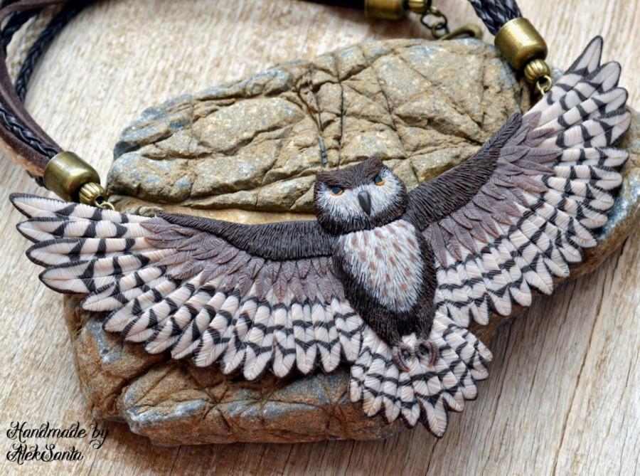 Wedding - Owl bird necklace Brown feather necklace Statement bib necklace Unique unusual jewelry Polymer clay jewelry for women Tribal Gift for her
