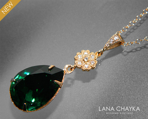 Mariage - Emerald Crystal Gold Necklace Green Teardrop CZ Necklace Swarovski Emerald Rhinestone Necklace Wedding Bridal Dark Green Gold CZ Jewelry
