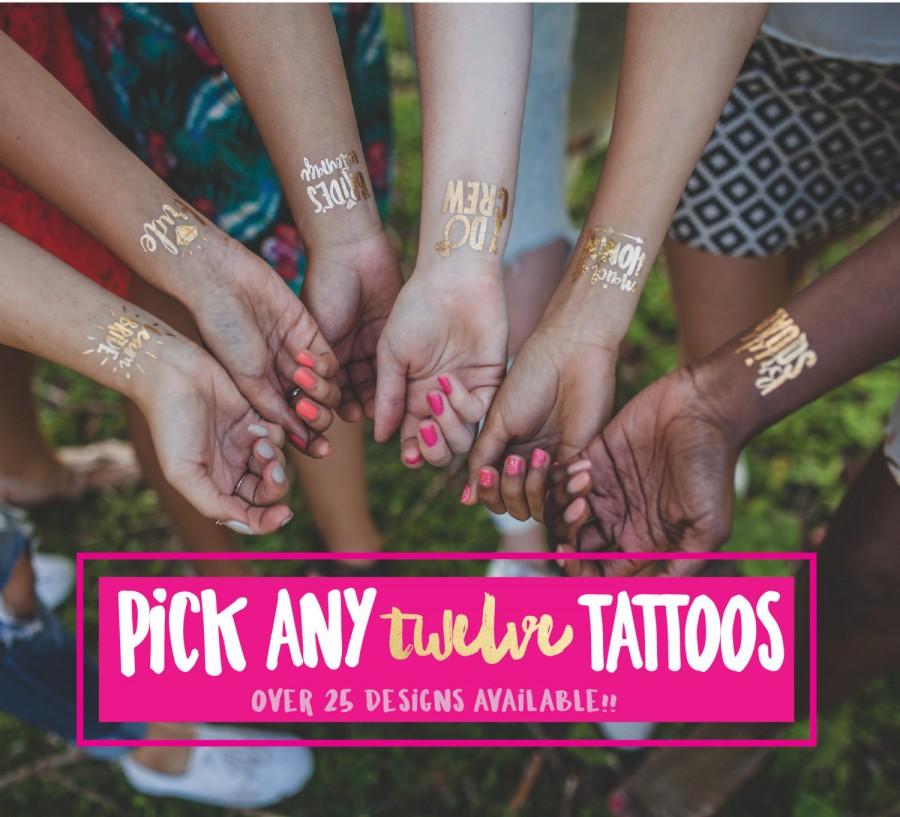زفاف - Bachelorette Party Tattoos - PICK ANY 12 / Metallic gold tattoos / gold flash tattoo / hen party tattoo / mixed tattoo party pack