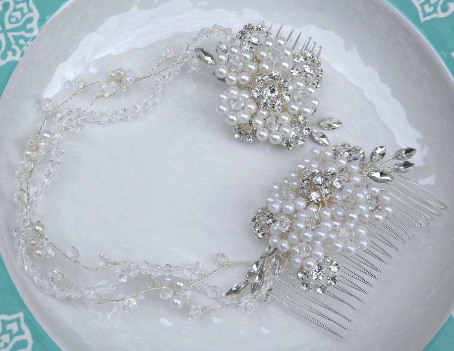 Mariage - Bridal Wedding Headpiece Hair Vine Double Hair Comb Crystal Pearl Flower Halo Floral Twig Bride Hair Jewelry