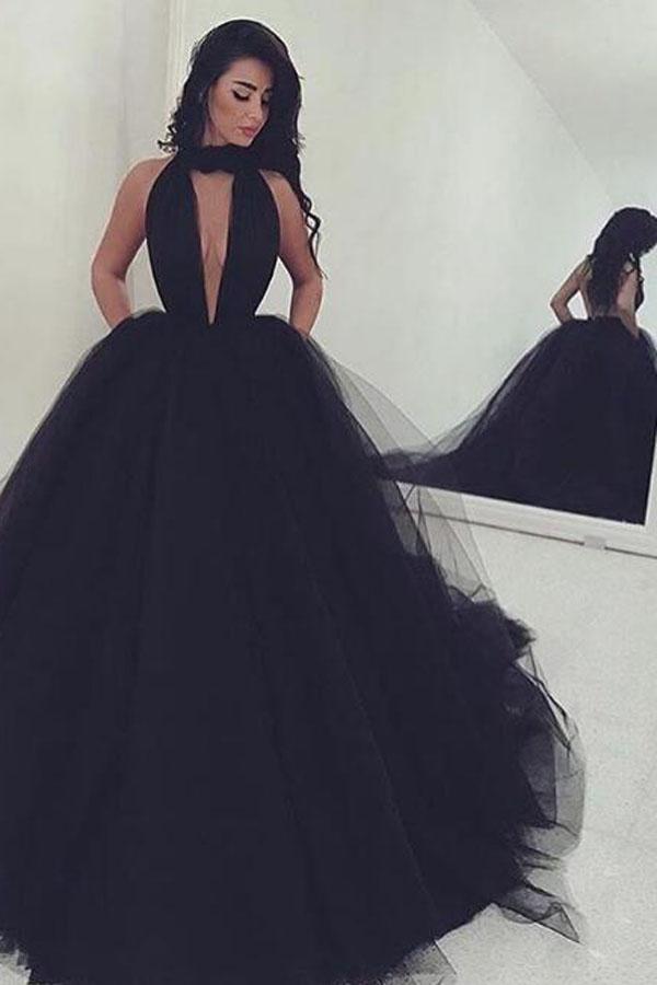 زفاف - Sexy Key-Hole Sweep Train Sleeveless Black Prom Dress Ruched Backless