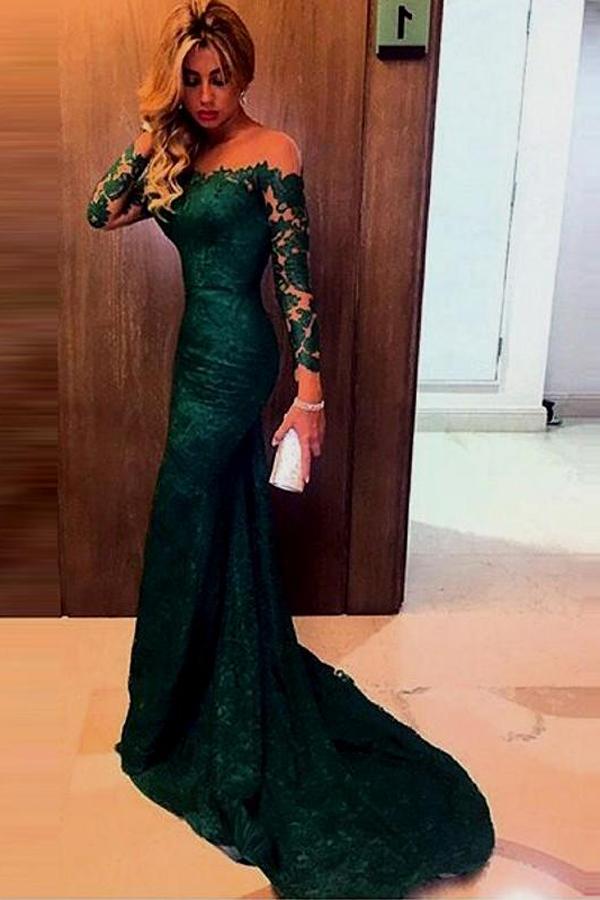 Hochzeit - Charming Off-the-shoulder Dark Green Mermaid Lace Prom Dress with Long Sleeves