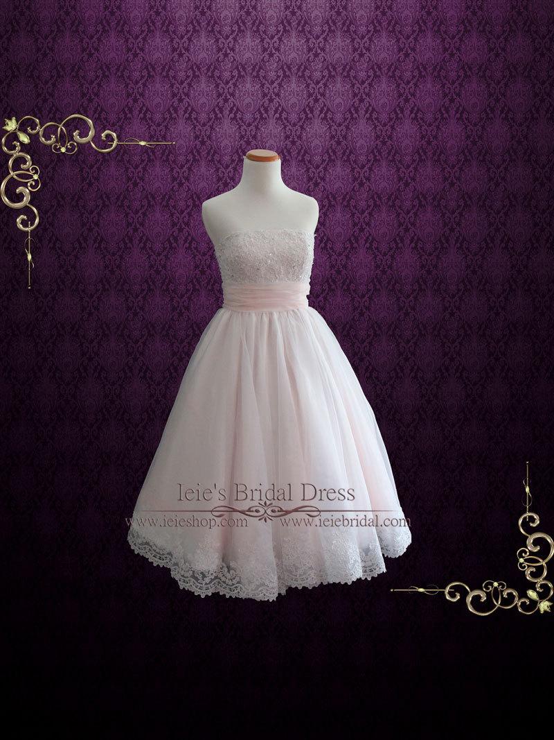 Свадьба - Retro 50s Blush Pink Strapless Tea Length Lace Wedding Dress, Short Wedding Dress, Vintage Wedding Dress, Prom Dress 