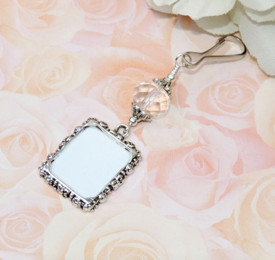 Hochzeit - Wedding bouquet photo charm with clear crystal. Memorial photo charm for a Bridal bouquet. Gift for the bride. Clear or blue crystal charm.