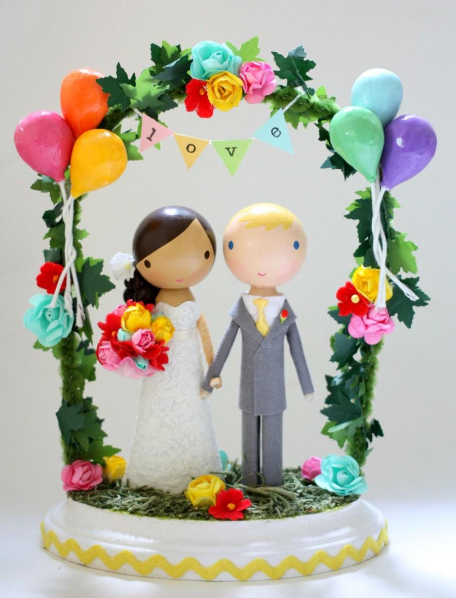 Mariage - custom wedding cake topper - with balloons & bunting