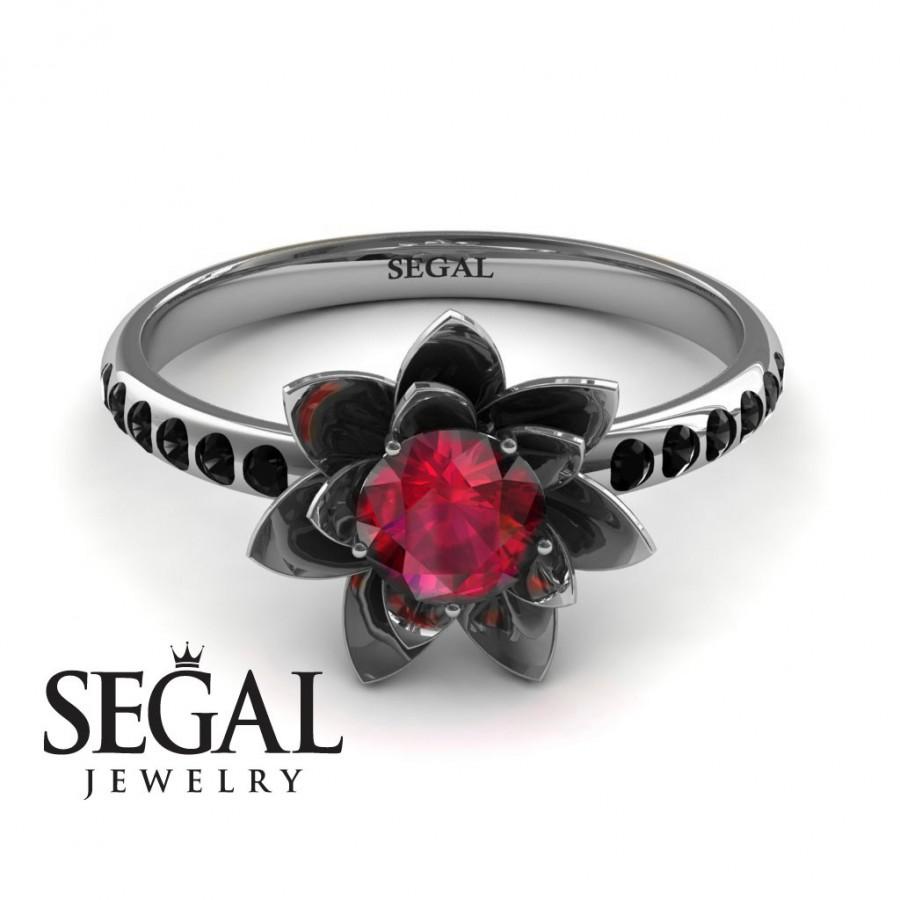 Hochzeit - Unique Engagement Ring 14K White Gold Flower Ruby With Black Diamond - Lotus Engagement Ring