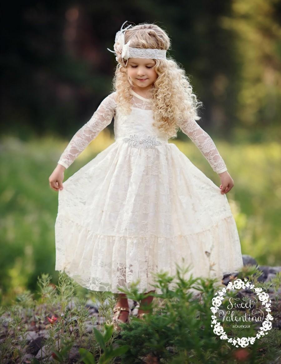 Mariage - Flower girl dress,Flower girl dresses, flower girl lace dresses, ivory lace dress, Country Rustic flower girl dress,long sleeve lace dress,