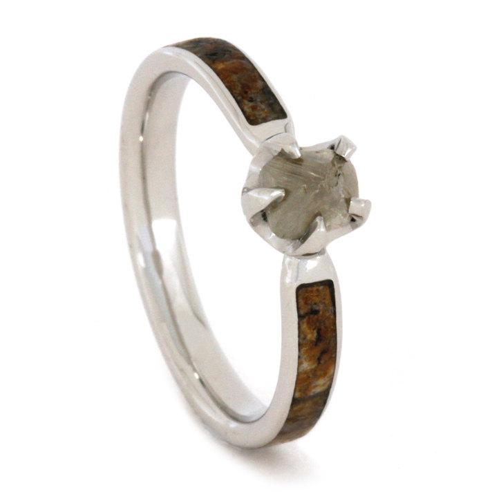 Свадьба - Platinum Diamond Engagement Ring Featuring Rough Diamond with Partial Inlay of Dinosaur Bone, Custom Engagement Ring