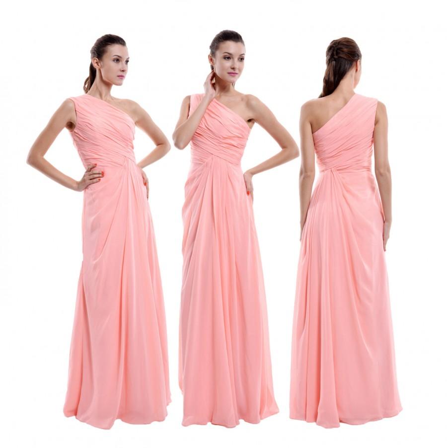 Свадьба - Peach Pink One Shoulder Bridesmaid Dress, Floor-Length Watermelon Chiffon Bridesmaid Dress