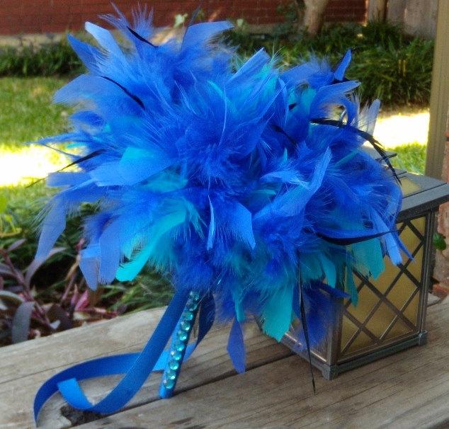 Hochzeit - Feather Bridesmaid Bouquets - Tim Burton Alice in Wonderland Wedding - Malibu & Horizon Blue Turquoise Black Wedding - Custom Bouquet Colors