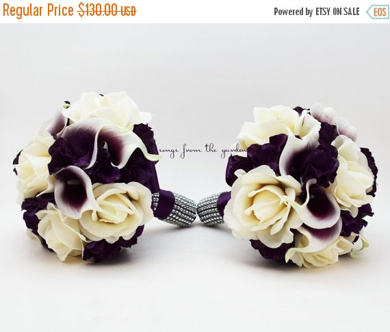 Mariage - Winter Sale Purple Wedding Flower Package Bridesmaid Bouquets Purple Hydrangea Ivory Roses Real Touch Picasso Calla Lilies - Customize for y