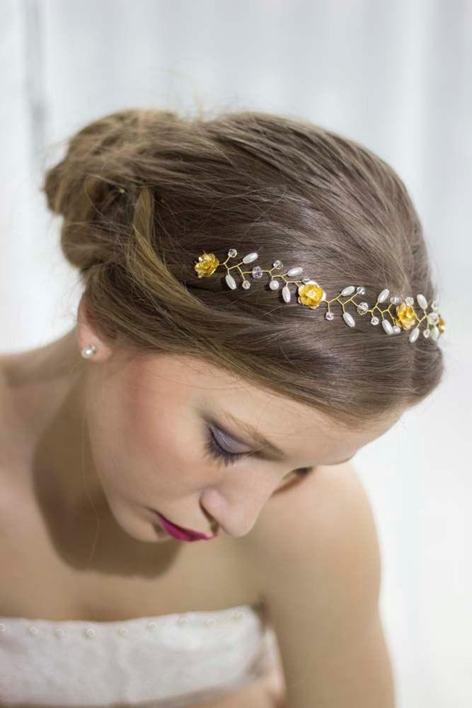 Wedding - Bridal Pearl Hair Vine,Gold Hair Vine,Wedding Gold Tiara,Floral Hair Vine,Wedding Gold Cown,Wedding Hair Crown,Bridal Rose Headband,Halo