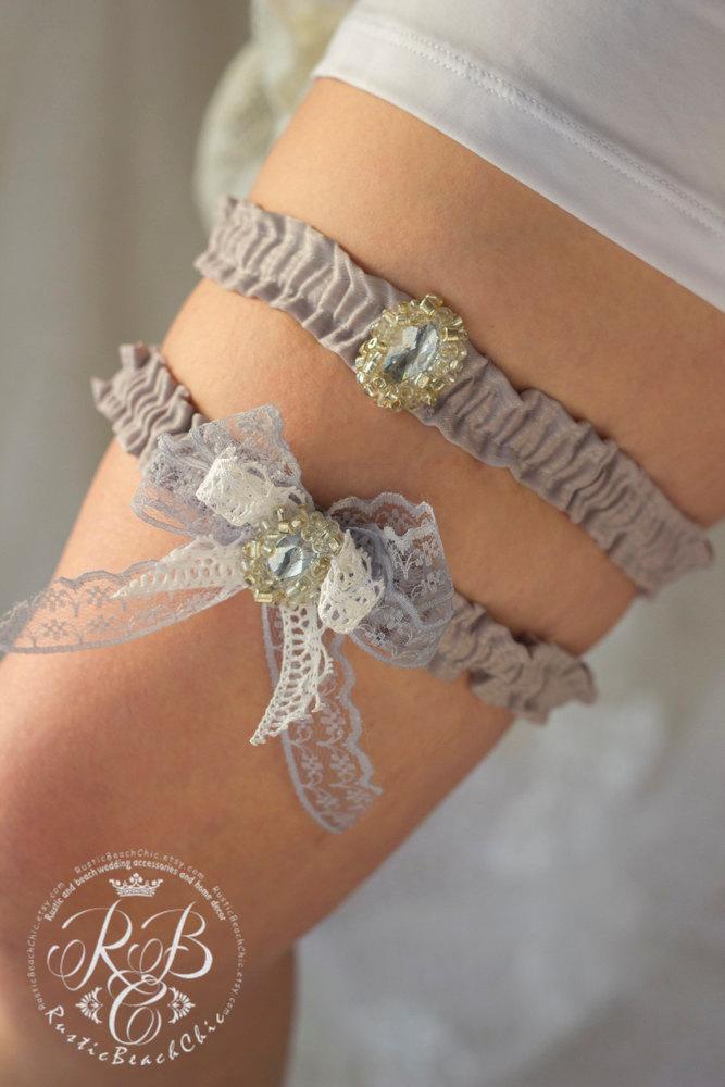 Hochzeit - Vintage garter set, silver garters, winter wedding, lace bridal garter, rustic garter, toss garter, frosty garter set, wedding gift. 2 pcs