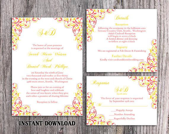 زفاف - DIY Wedding Invitation Template Set Editable Word File Download Printable Coral Invitation Pink Yellow Wedding Invitation Elegant Invitation