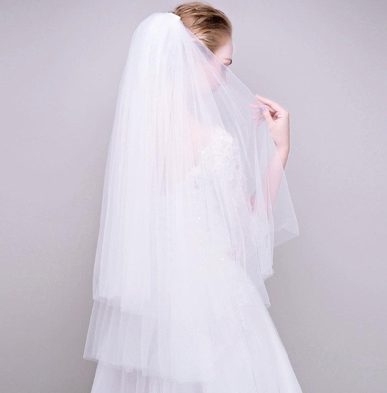 زفاف - Bridal Soft illusion Tulle two Layer Veil, 2 Tiers Wedding fingertip veil with comb, Bride Ivory Blusher veil hair accessories,