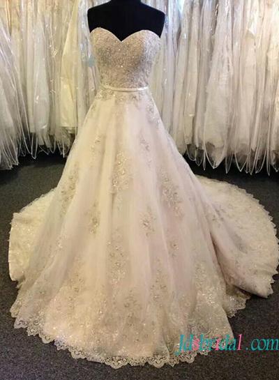 زفاف - Sparkly beaded silvery lace details a line wedidng dress