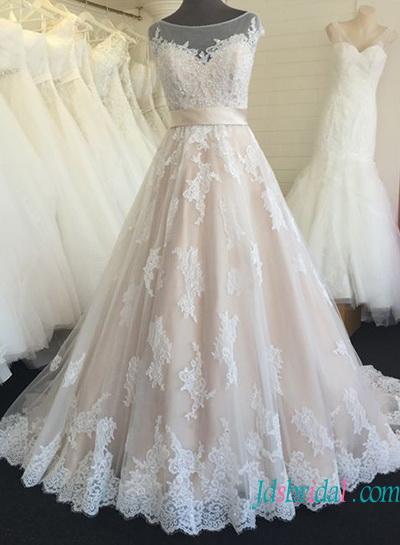 Hochzeit - Beautiful sheer tulle bateau neck champagne colored wedding dress