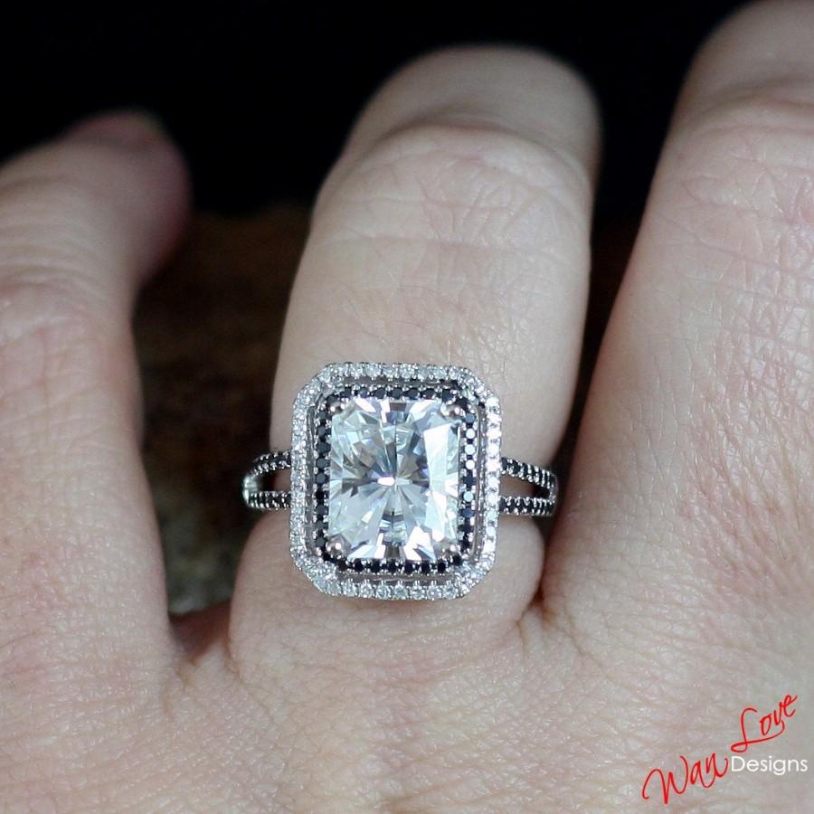 Wedding - White Sapphire Black & White Diamond 2 Double Halo Split shank Engagement Ring 4.5ct 10x8mm 14k 18k White Yellow Rose Gold-Platinum-Custom