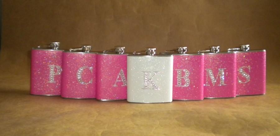 Свадьба - Bridesmaids Gifts 7 Sparkly ANY Color 6 ounce Flasks ALL with Rhinestone Initials Bridesmaids, Bachelorette Party Gifts KR2D 5580