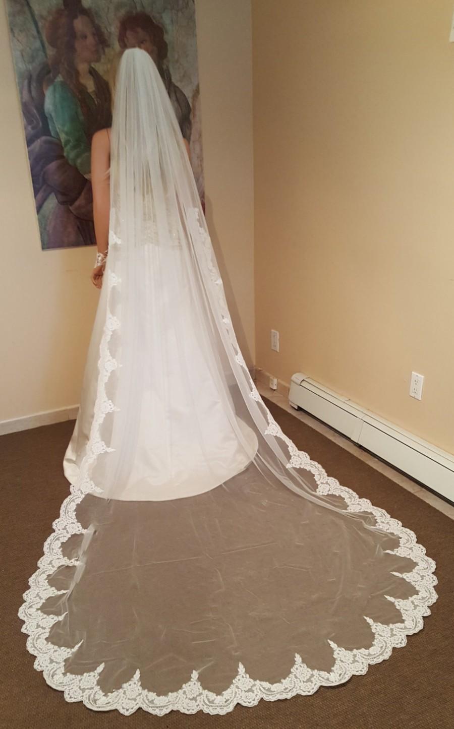 Hochzeit - Gorgeous Alencon Lace Cathedral Veil with Comb / Lace starts 24" from comb