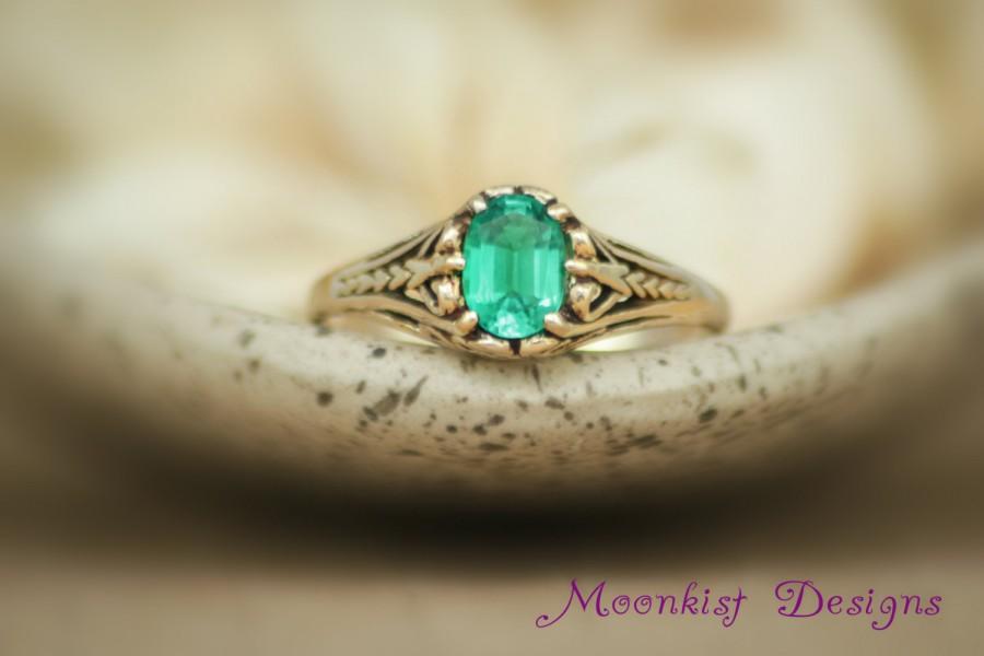 Wedding - Oval Emerald Engagement Ring in 14K Yellow Gold - Vintage-style Yellow Gold Filigree Wedding Ring or Promise Ring - May Birthstone Ring