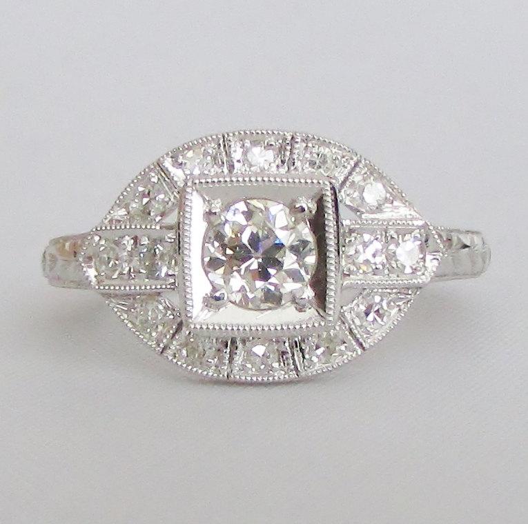 زفاف - Vintage Diamond Cluster Engagement Ring - Hand Engraving & Miligrain Detailing - GIA Graduate gemologist Appraisal Included 3,500 USD!