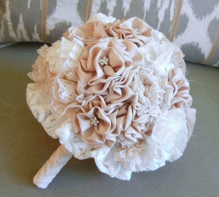 Свадьба - Fabric Flower Bouquet, Vintage Wedding, Shabby Chic, Champagne Roses, Champagne Bouquet, Wedding Accessories