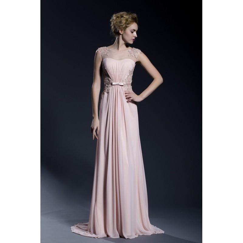 Mariage - Chic Nostalgia Pink Dogwood Chiffon Gown with Lace Appliqué and Ribbon Belt -  Designer Wedding Dresses