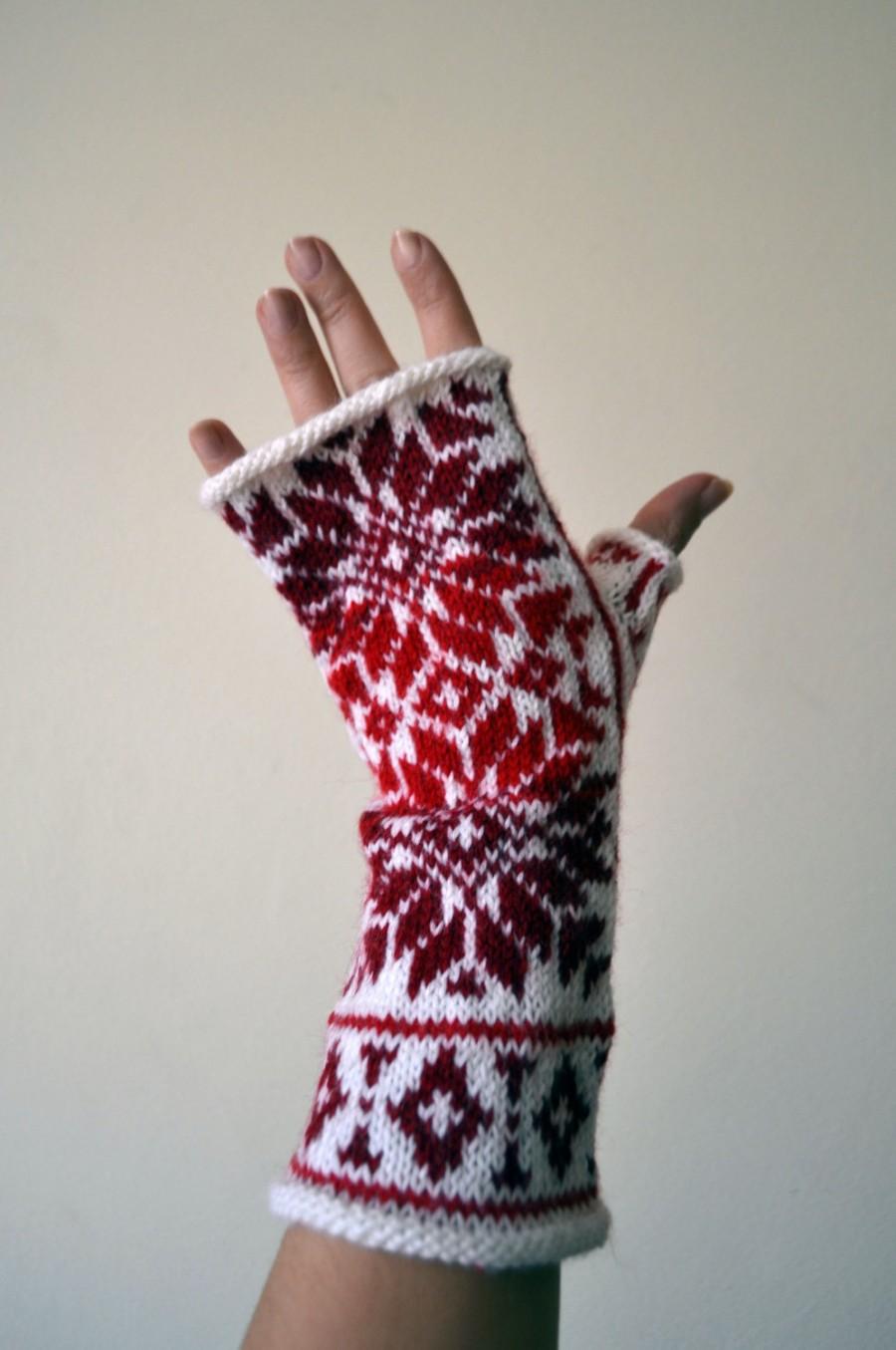 Wedding - Nordic Fingerless Gloves - Wool White Red Fingerless Gloves - Scandinavian Gloves with Stars - Knit Fingerless Gloves nO 146.