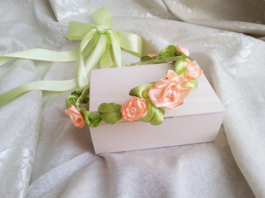 Mariage - Wedding CROWN/WREATH hand made silk flower faux pearls delicate green peach for Bride/Braid Maid/fFlowergirl