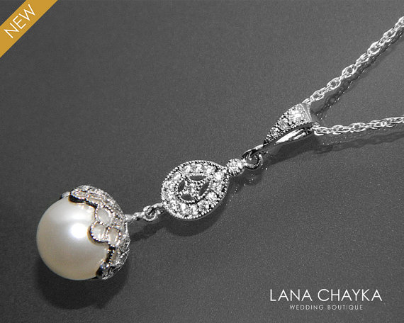 زفاف - White Pearl CZ Bridal Necklace Swarovski 10mm Pearl Sterling Silver Necklace Wedding Pearl Necklace Bridal Pearl Jewelry White Pearl Pendant