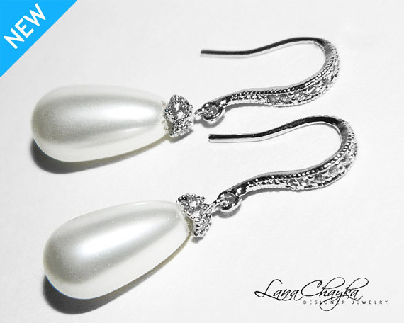 Hochzeit - White Teardrop Pearl Bridal Earrings Swarovski White Pearl Earrings Sterling Silver CZ Earring Wedding White Pearl Earrings FREE US Shipping