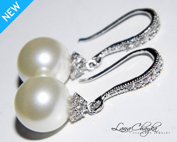 Wedding - Ivory Drop Pearl Bridal Earrings Swarovski 10mm Pearl Earrings Ivory Pearl CZ Sterling Silver Earrings Bridal Pearl Jewelry Wedding Jewelry