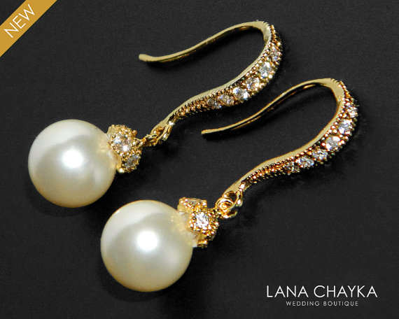 زفاف - Bridal Ivory Pearl Earrings Pearl Drop Vermeil Gold Cz Earrings Swarovski 8mm Pearl Gold Wedding Earrings Small Ivory Pearl Bridal Earrings