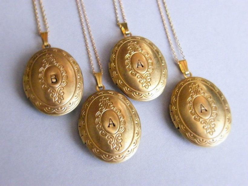 Wedding - Personalized Locket Necklace, Set of 4 Gold Brass Initial Necklace, Vintage Style Locket Pendant, Personalized Jewelry, Bridesmaid Jewel