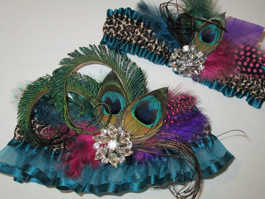 Wedding - Peacock Wedding Garter Set, Leopard Garters, Deep Teal Garter for Masquerade Ball, Peacock Prom Garter, Teal Prom Garters