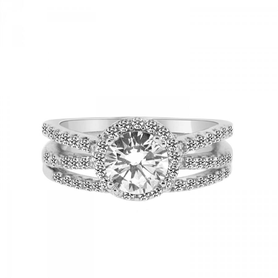 Hochzeit - 1 Carat CZ Engagement Ring with Wedding Band - Split Shank Cubic Zirconia Halo Sterling Silver Rhodium Replica Bridal 2 ring Set